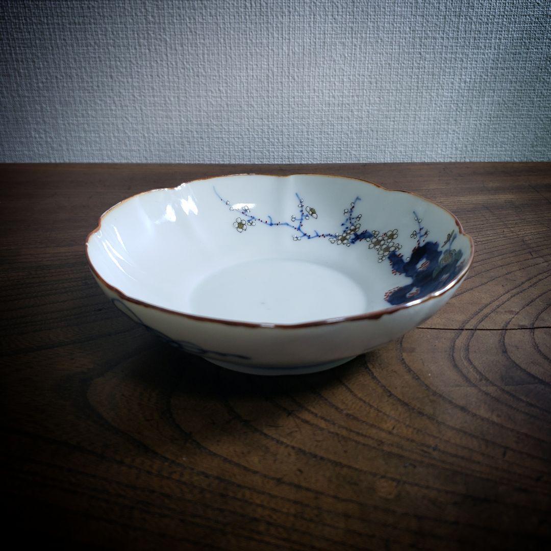 八花弁皿 染付 色絵付 取り皿 なます皿 岩 梅 菊 銘 明治 イ号