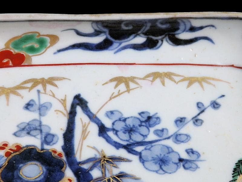 古伊万里　染錦　山水に松竹梅の図　角皿　F064AS-CQu