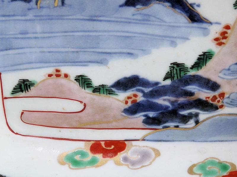 古伊万里　染錦　山水に松竹梅の図　角皿　F064AS-CQu