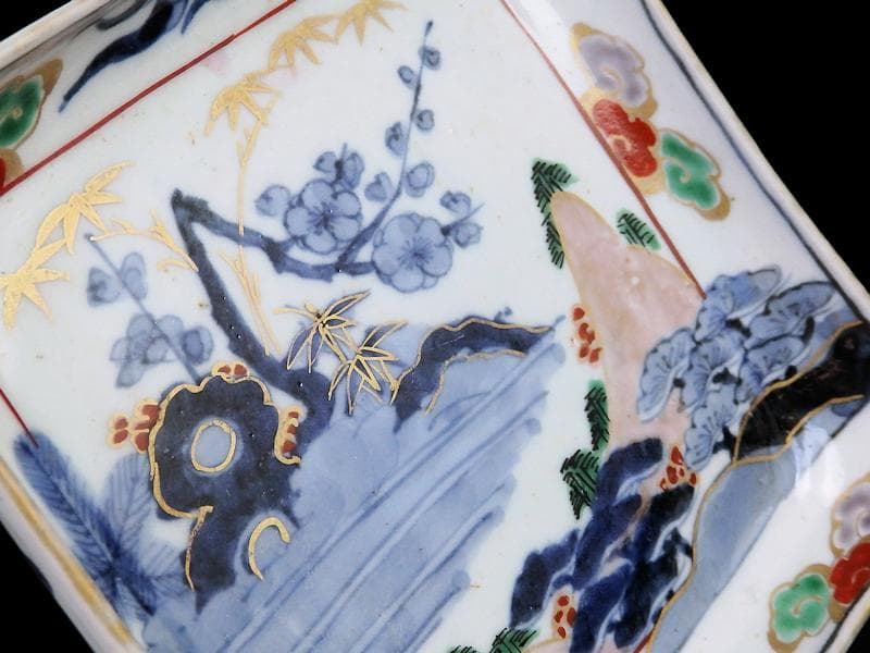 古伊万里　染錦　山水に松竹梅の図　角皿　F064AS-CQu