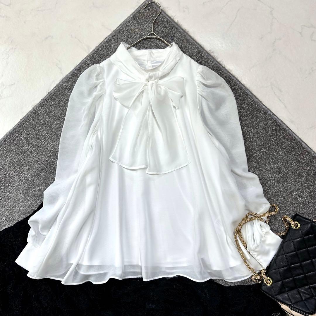 美品 セルフォード リボンブラウス フレア Aライン 白