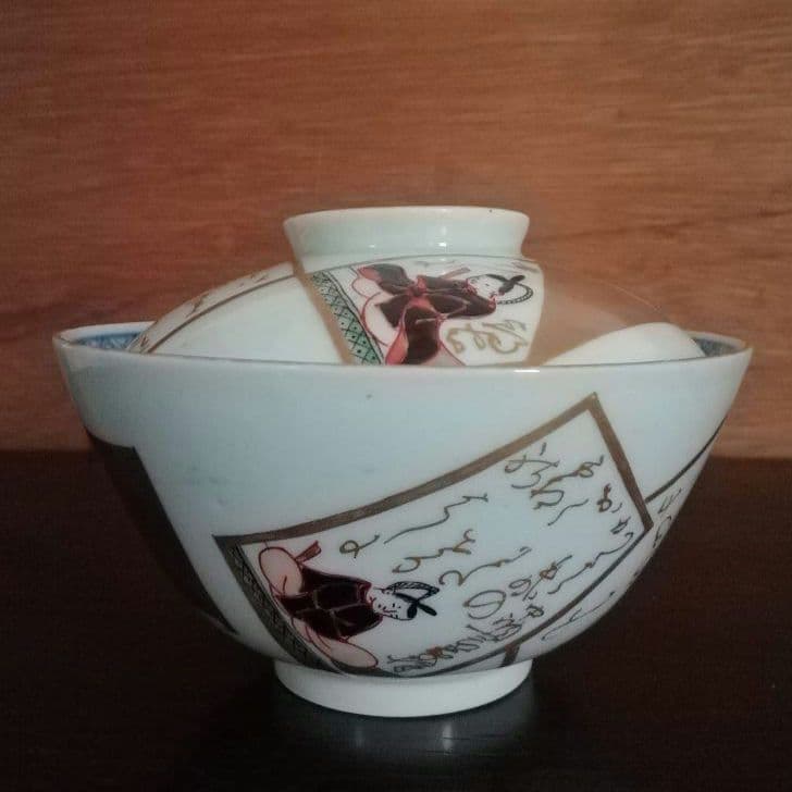 蓋椀2客　５弁花紋様　金彩　手書き　古伊万里　江戸時代　冨貴長春　歌人　和骨董