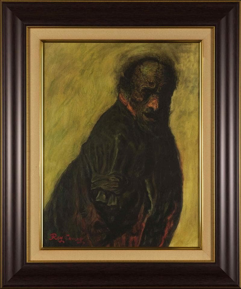 鴨居玲　油彩　肉筆『傷痍軍人』表サイン　裏サイン　F6号　額装　b458