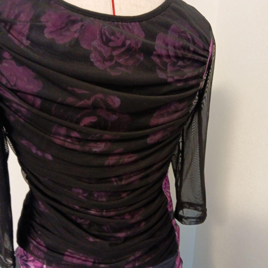 専用✨️豪華✨️社交ダンス用ツ―ピ―スドレス 黒と紫の花柄（M〜Ｌサイズ）