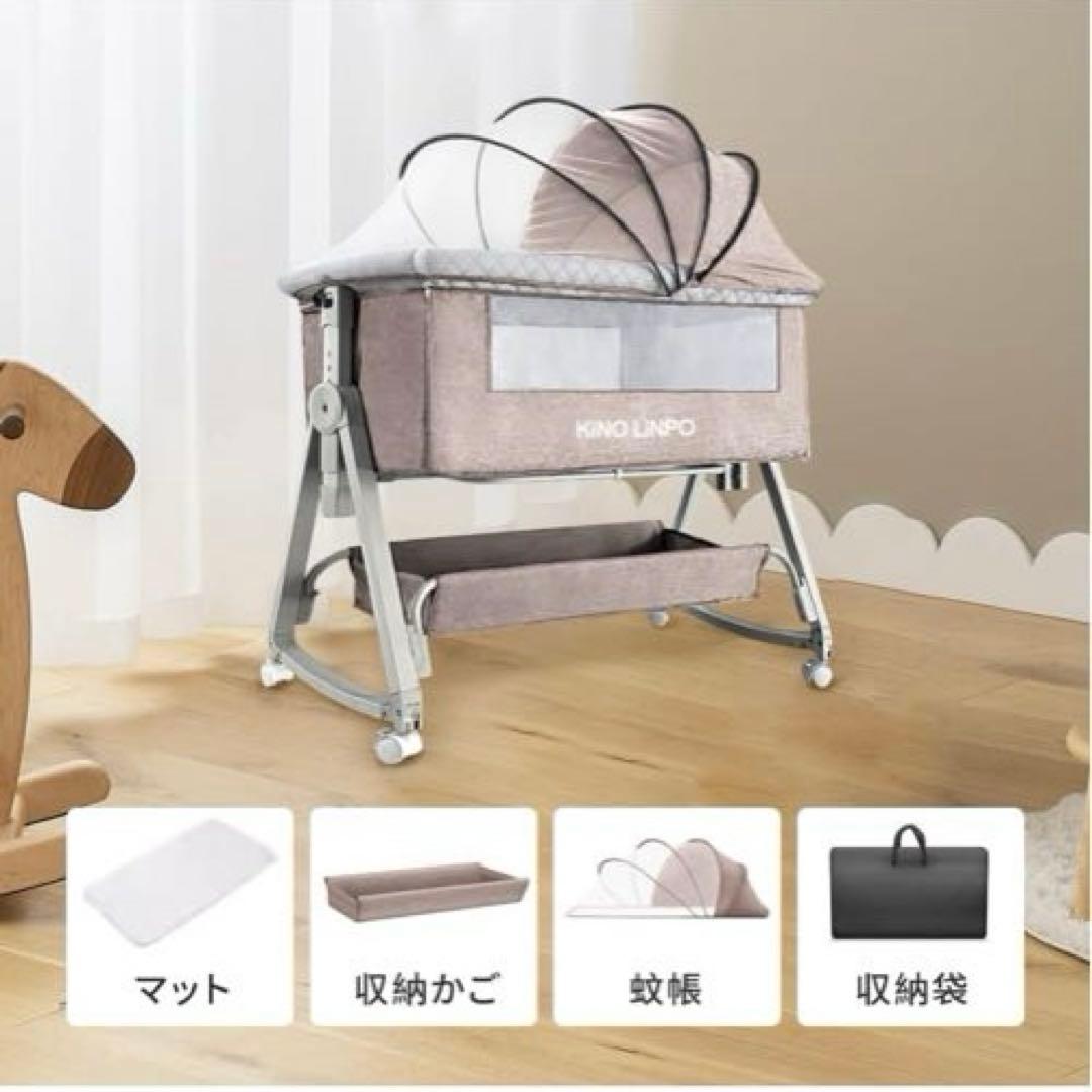 Kino Linpo ベビーベッド 添い寝 新生児ベッド 乳児 高さ6段 カーキ