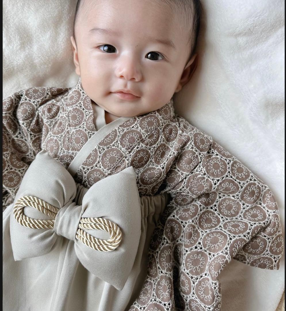 de袴　サークル柄　ブラウンベビー着物 ドレス ブラウン模様 大きなリボン