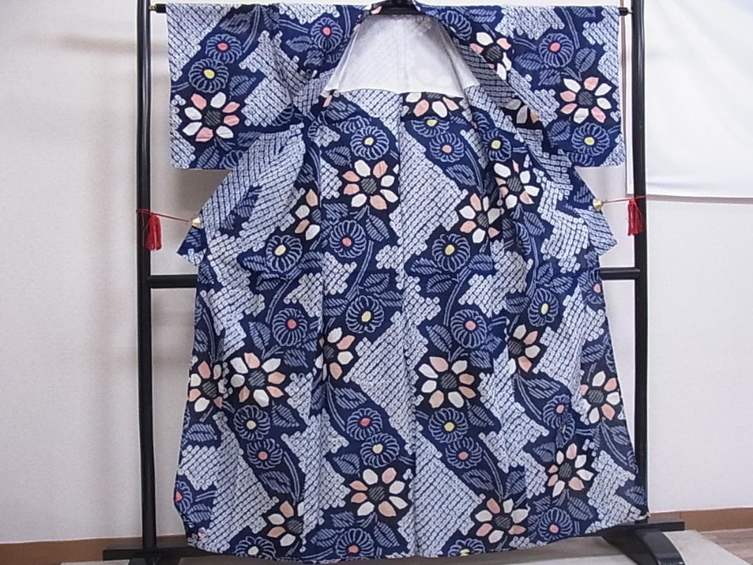 eふれんず◆有松鳴海絞り　夏物　浴衣　枝花文　綿◆am1075