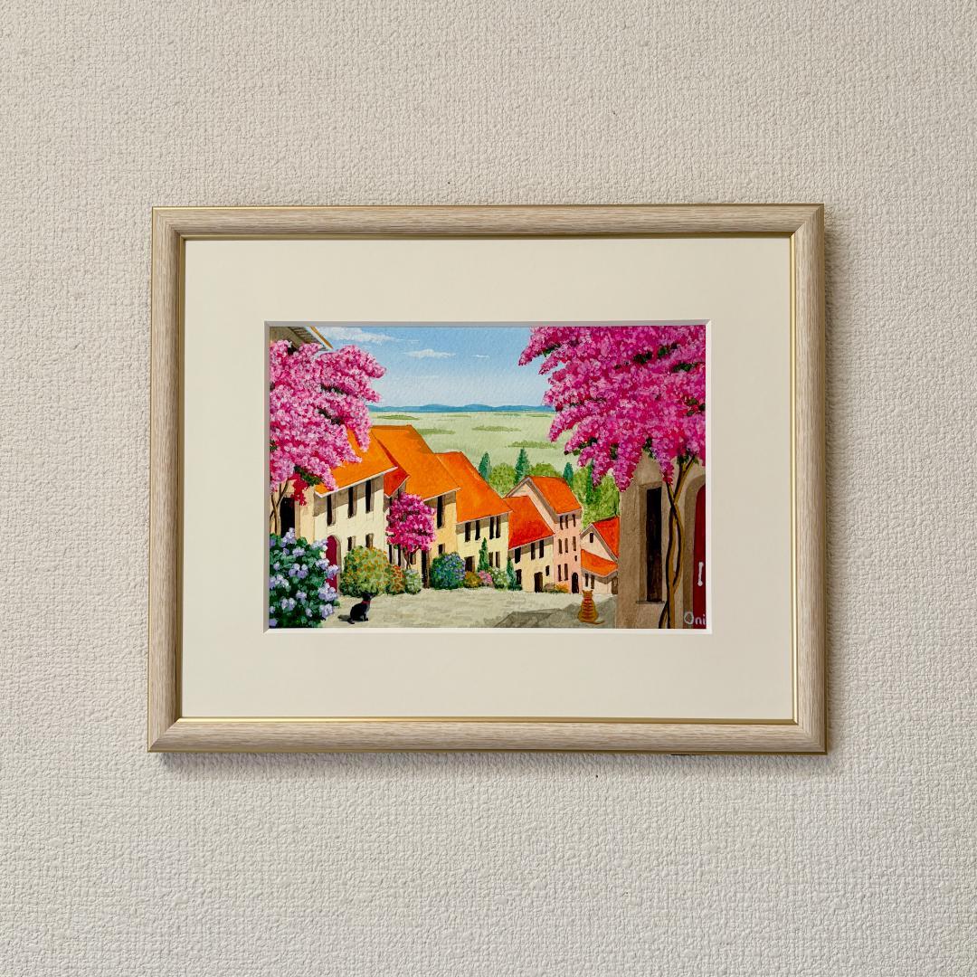 アクリル画　原画　「花の咲く路地10」額縁付　SMサイズ