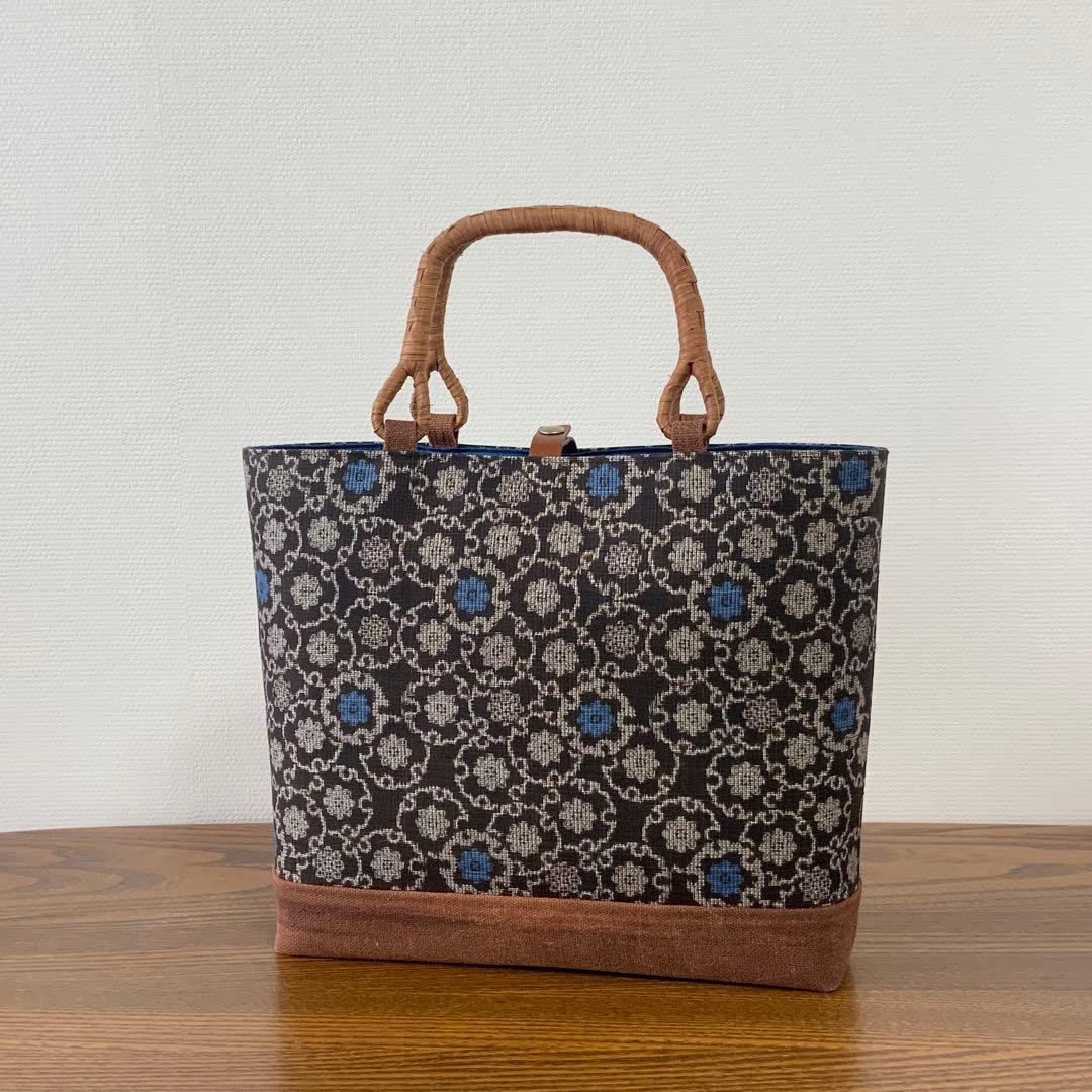 アンティーク大島紬×酒袋　小さな雪輪重ね　リメイク　山葡萄ハンドルバッグ