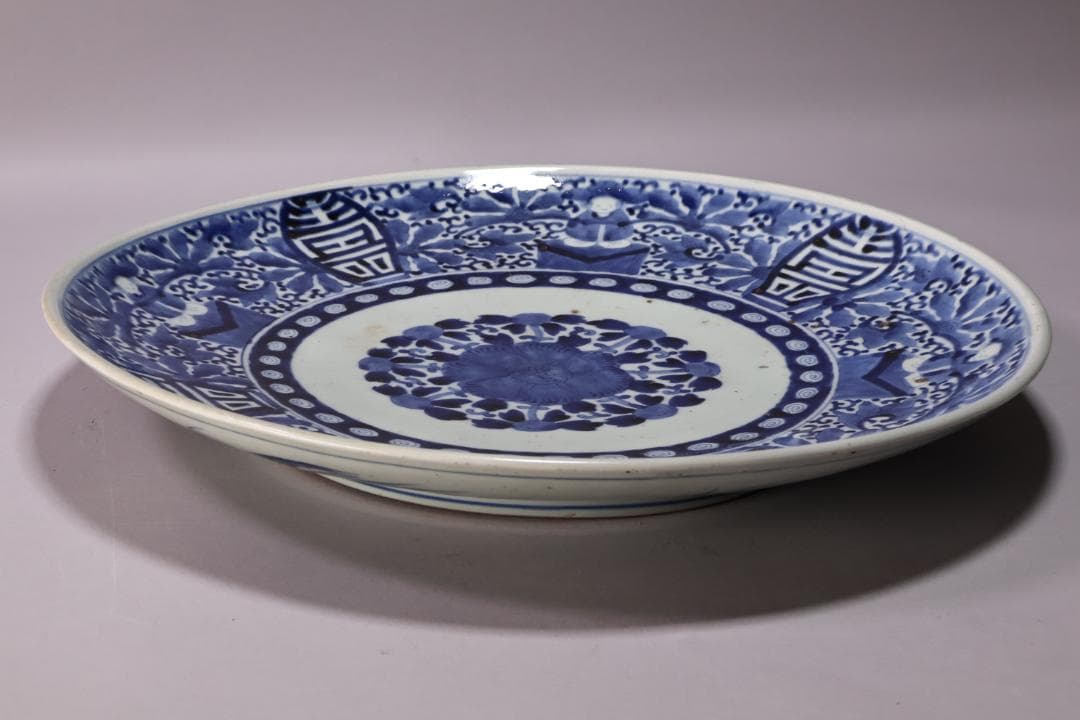 江戸中期　古伊万里　染付　大皿　花鳥風月図　角福銘　直径42㎝ BJ200