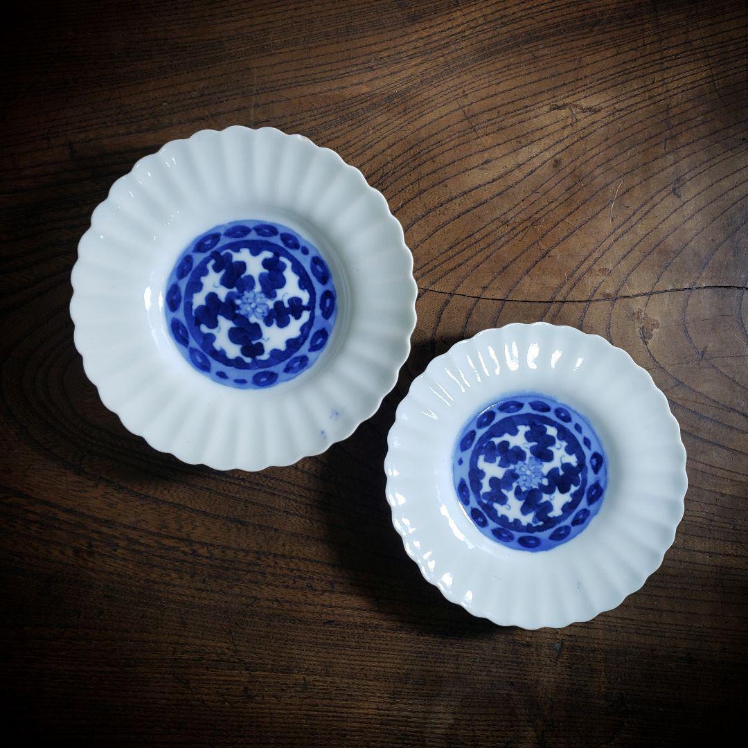 菊花形 皿 輪花 二枚 白磁 染付 四弁花 薄造 明治 大正 訳あり 欠け