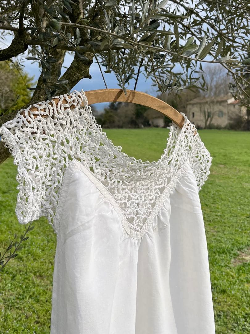 ◆フランスアンティーク｜手編みレースのナイトドレス、リネンワンピース、ネグリジェ