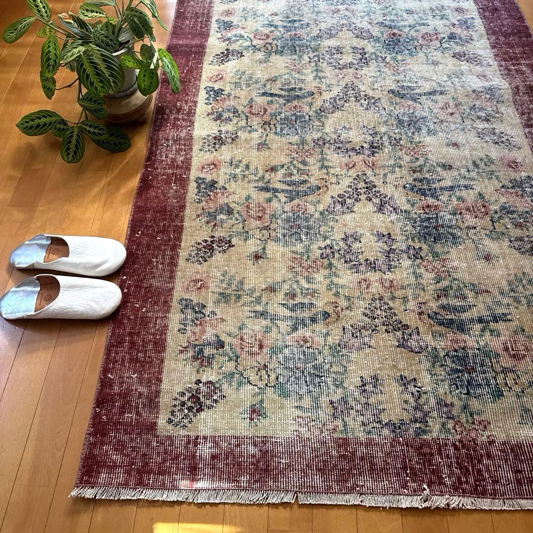 貴重116×190幸せの青い鳥　birdラグボタニカル　トルコヴィンテージラグ