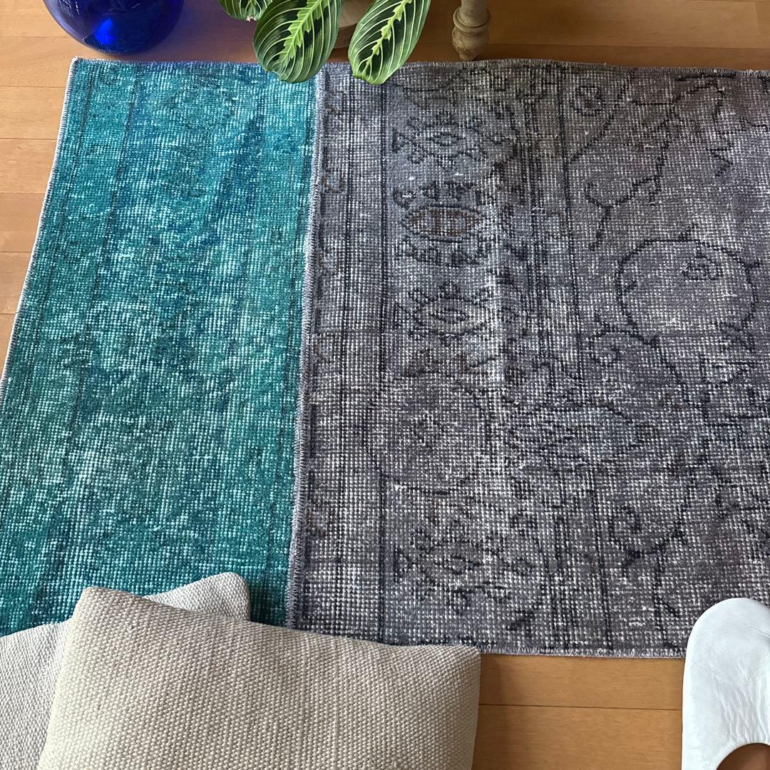 67.5×119パッチワーク　ブルーグリーン×グレイ　トルコヴィンテージラグ