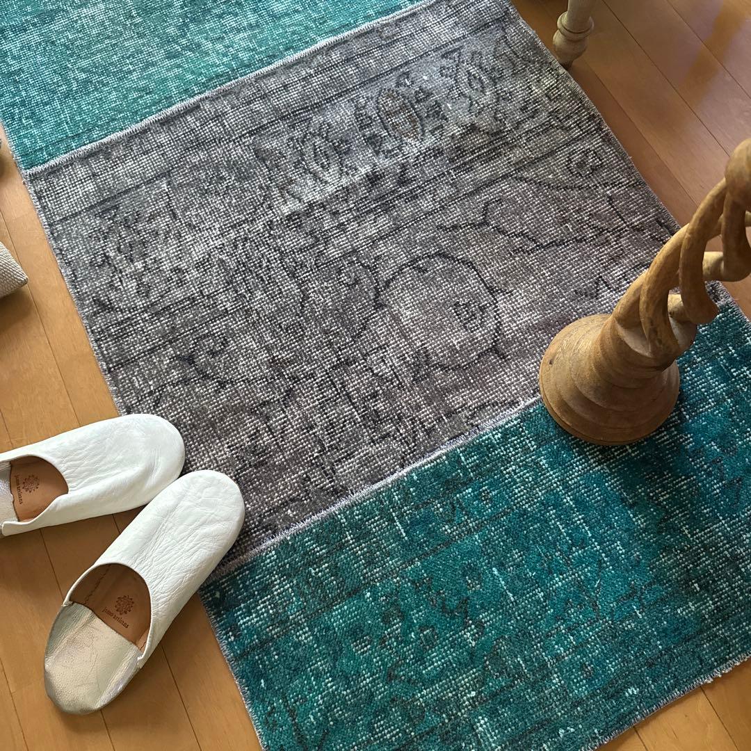 67.5×119パッチワーク　ブルーグリーン×グレイ　トルコヴィンテージラグ