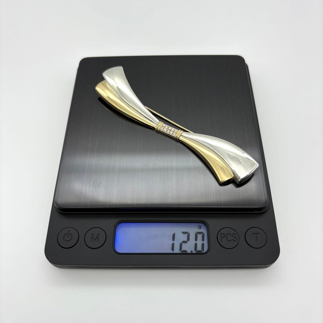 K18×シルバー ダイヤモンド0.13ct リボン ブローチ 総重量12.0g