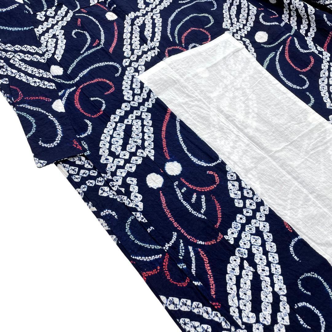 有松鳴海絞り 夏着物 浴衣 綿 斜め縞 濃紺 手縫い仕立て A-2314