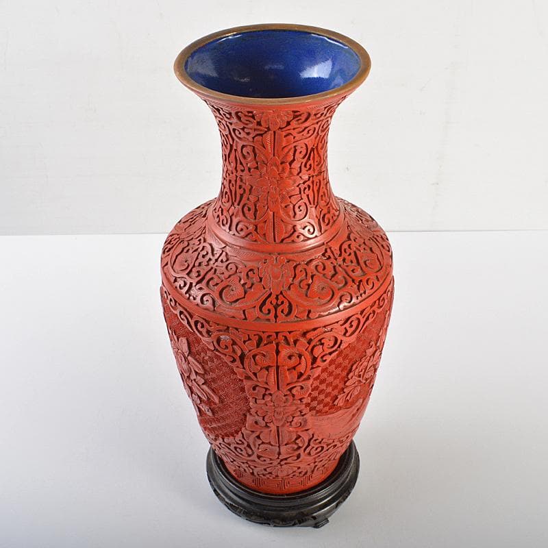 中国　剔紅　堆朱　内七宝　花文瓶　高さ約39㎝　唐木台付　Y　R7494B