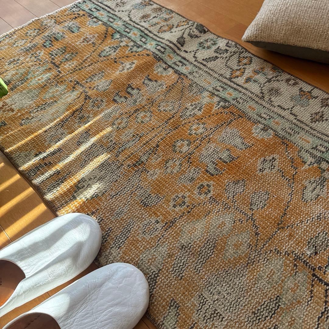 59×147オレンジボタニカル　擦れ　ランナー　トルコヴィンテージラグ