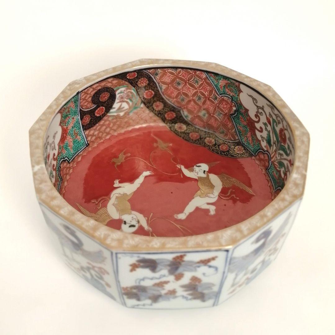 古伊万里　天使図　色絵　エンジェル　富貴長春　10角　大鉢