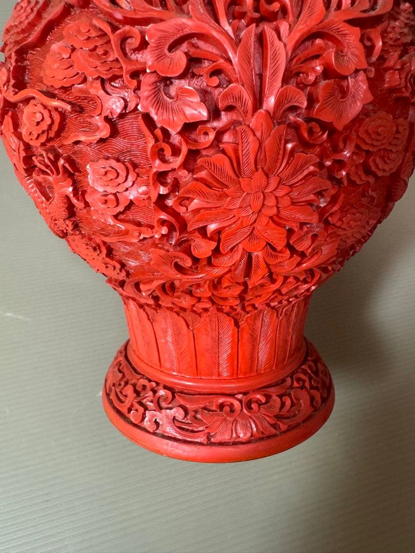 2722 中国美術 漆器 堆朱 剔紅 細密 唐草牡丹雲龍紋 花瓶