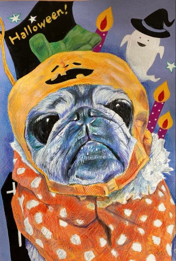 りんねです。色鉛筆画　パグ　犬の絵