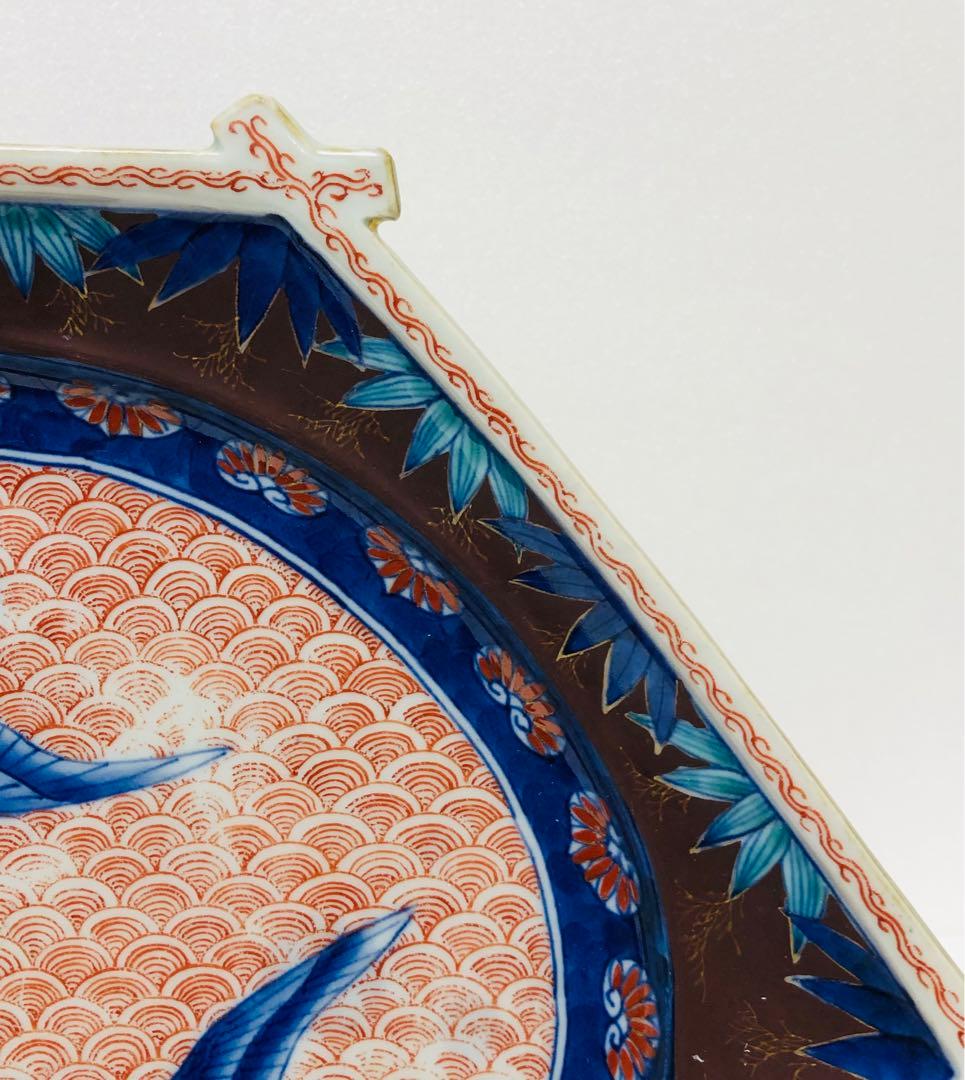 明治初期 香蘭社 色絵褐地青海波鳥竹文 ブラックホーソン六角大皿