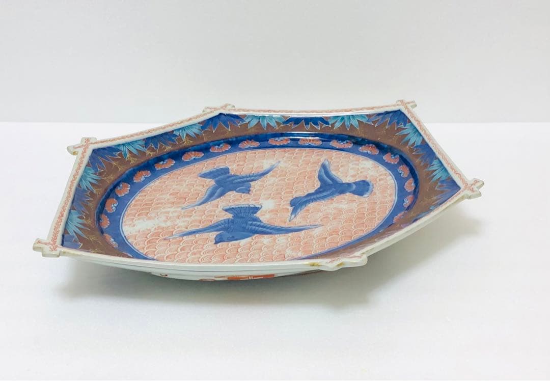 明治初期 香蘭社 色絵褐地青海波鳥竹文 ブラックホーソン六角大皿