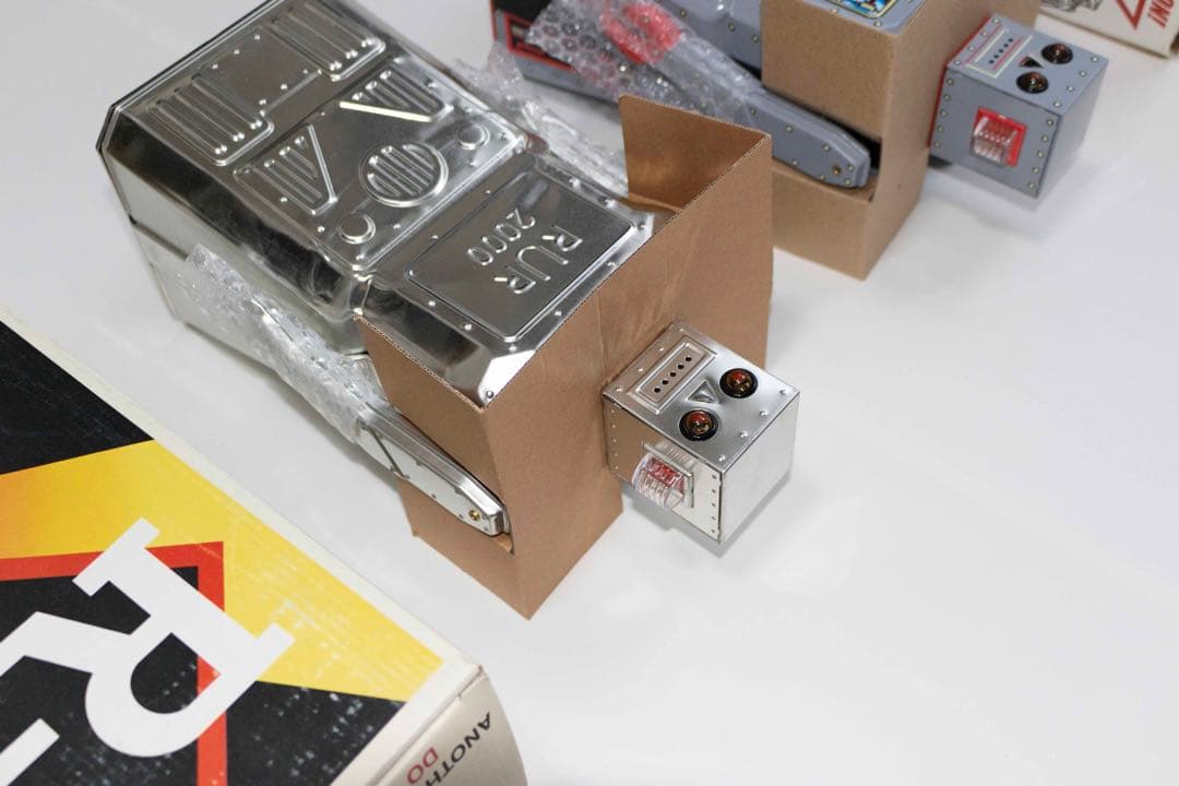 R-1ブリキ シルバーロボット2体セット（ブリキおもちゃロボット