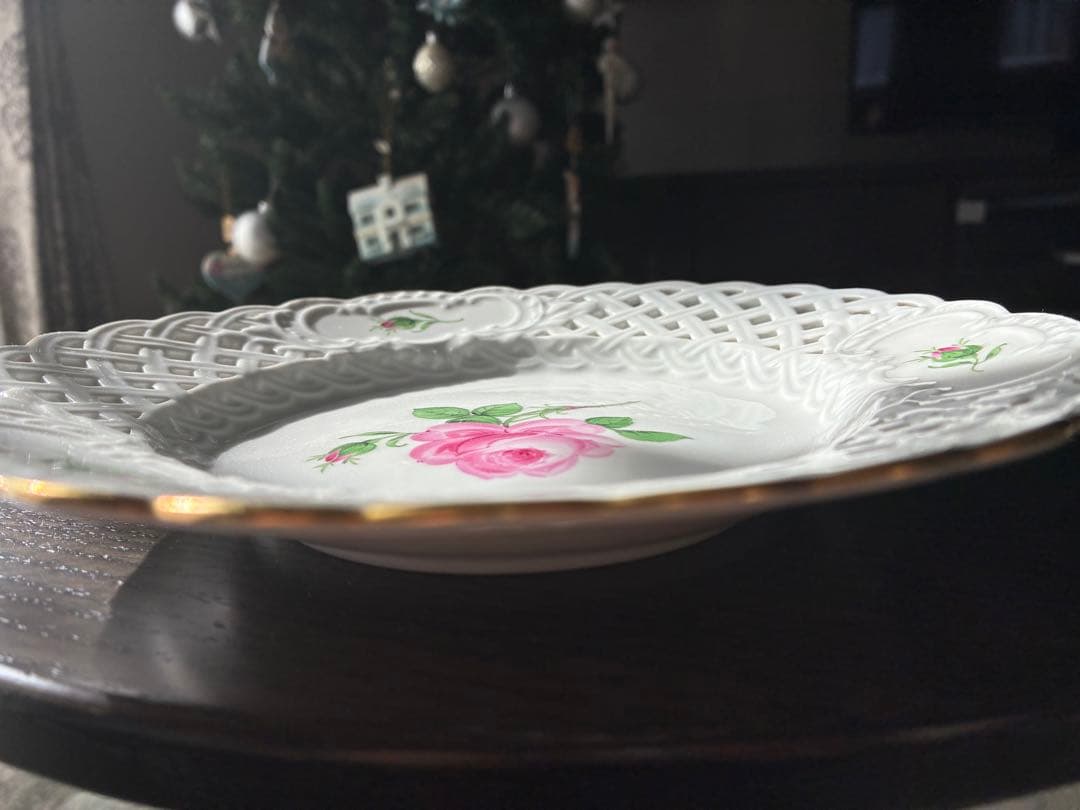 マイセン　ピンクローズ　21cm レース　プレート 金彩エッジ