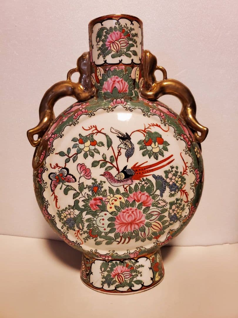 中国古玩　大清乾隆年製　扁壺　粉彩花鳥図双龍耳　花瓶