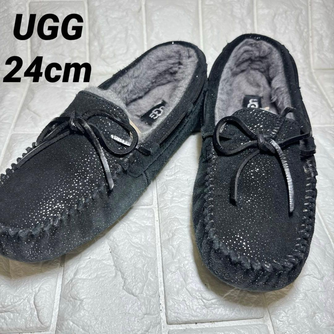 美品★UGG ブラック スエード モカシン ラメ 24cm リボン