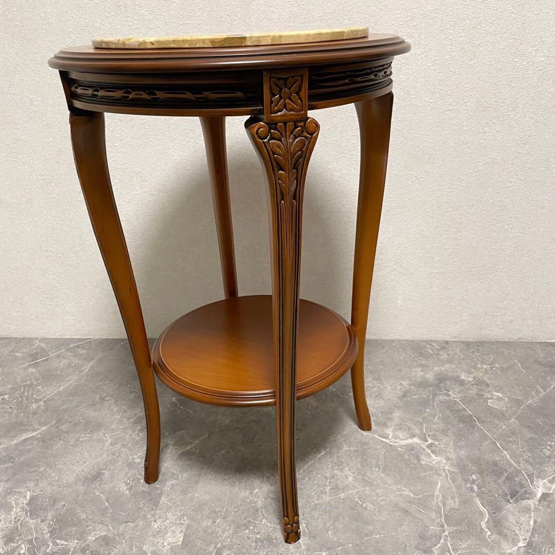 イタリア製　天板大理石　花台　サイドテーブル　木彫刻　飾り台　猫脚