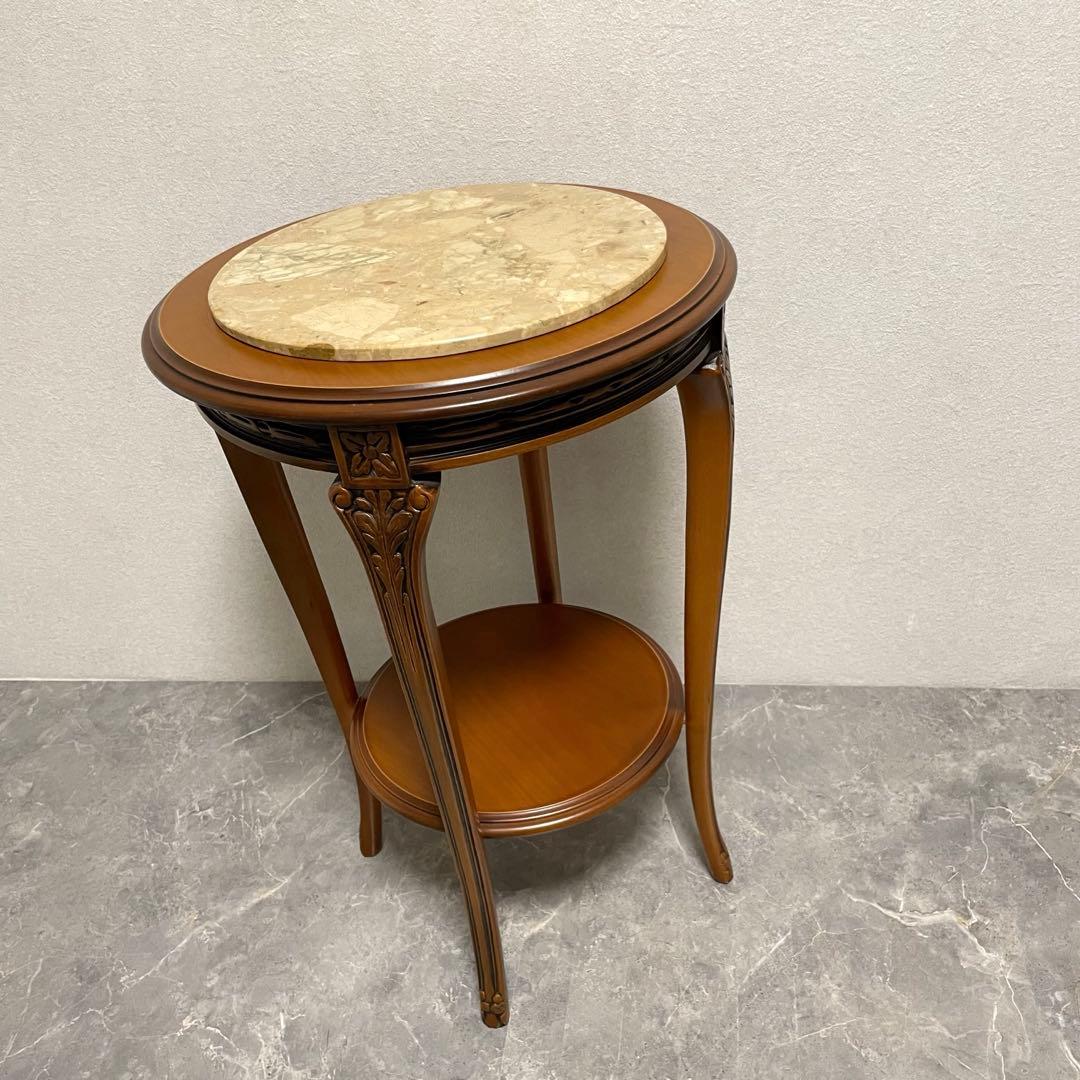 イタリア製　天板大理石　花台　サイドテーブル　木彫刻　飾り台　猫脚