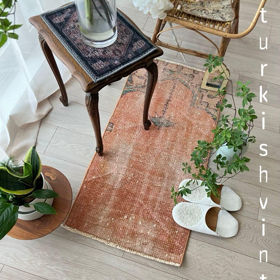 オレンジ✳︎95×46 グリーン　アート　シャンデリア　トルコヴィンテージラグ