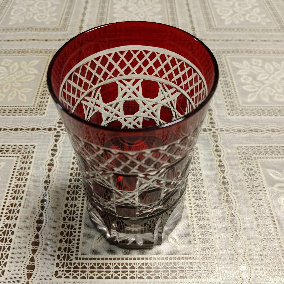 \"未使用\" ヤマザキガラス製　薩摩切子　南蛮赤　矢来、籠目　菊透かし紋様　グラス