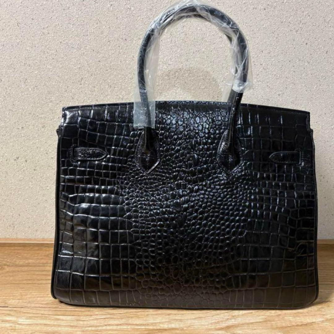 黒 クロコダイル型押しレザー ハンドバッグ カデナ キー付き Y