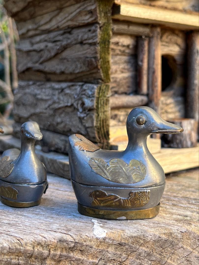 ◆フランスアンティーク｜ピューター製アヒル小物入れセット手作り小鳥錫ミニオブジェ
