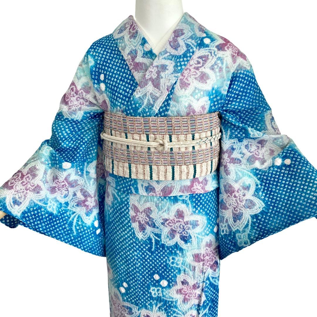 爽やかブルー　身丈153 有松絞り　絞り染め　絞り浴衣　総絞り　浴衣　NO6