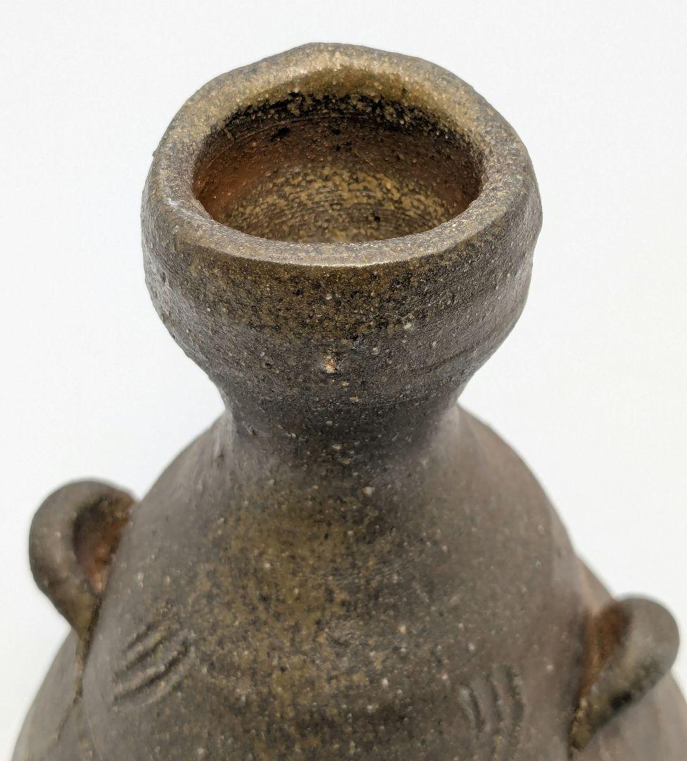 岡山県重要無形文化財 金重晃介 備前焼 耳付一輪花入 共箱合布 花器 花瓶 花生