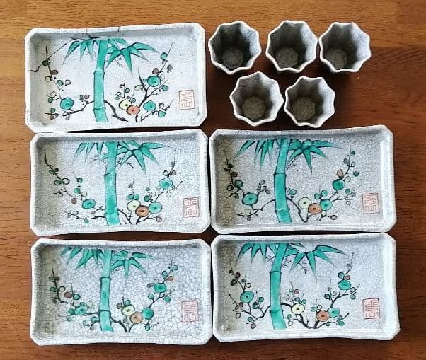 色絵角皿+猪口　5客