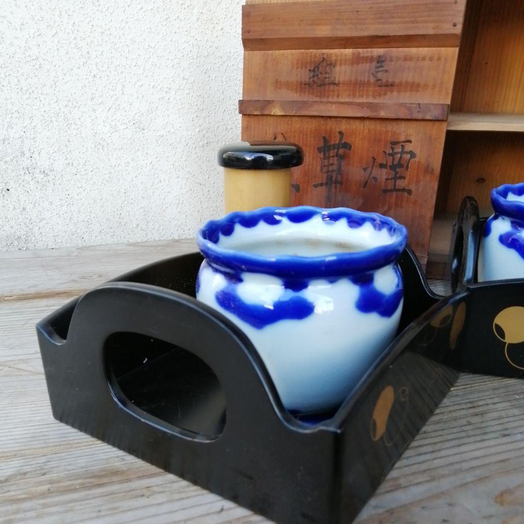 骨董　煙草盆　つぼつぼ　茶道具　２つ　木製　漆器 染め付け 漆器