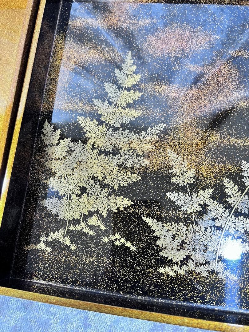 蒔絵　月に波紋硯箱　明治期　金蒔絵　高蒔絵　合せ箱 漆器 文箱 山と太陽の浮彫り