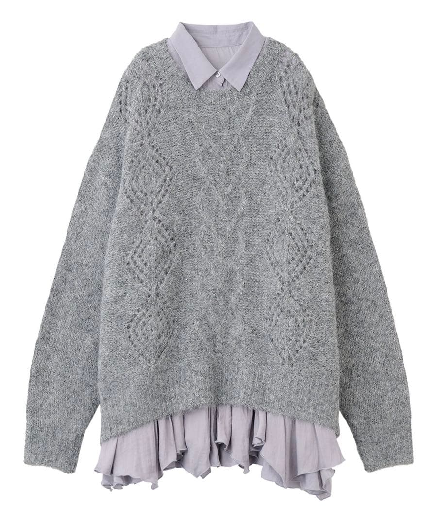 COCO DEAL ケーブルニット×ペプラムシャツミニワンピース グレー