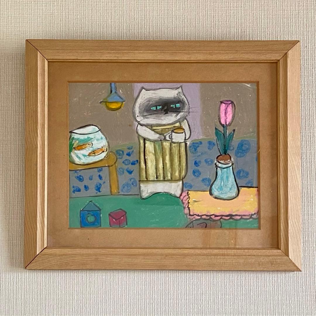 絵画。原画【シャム猫は週末にきれいで暖かい部屋を配置してからコーヒーを飲みます】