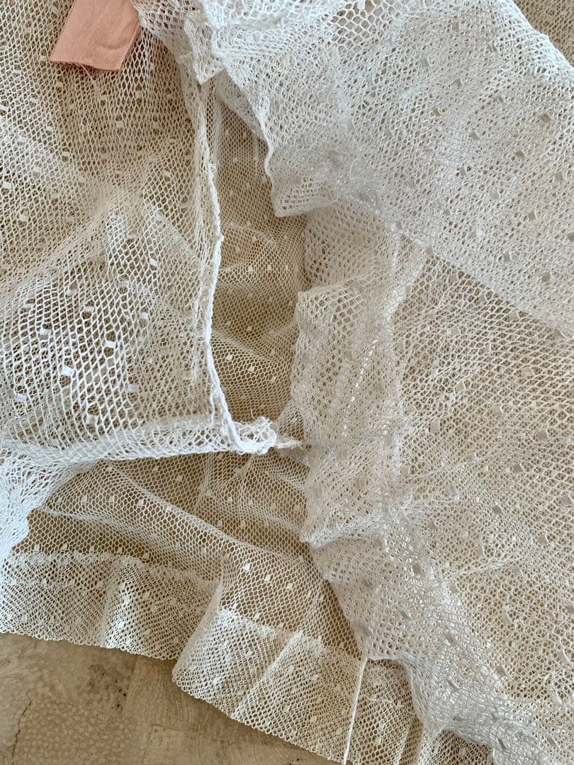 フランスアンティークドット柄チュールレースロングカーテン3枚set※古色ホワイト