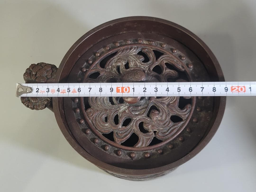 煎茶 銅 楼閣山水紋 霊芝手付 建水 琢斎造 DT322