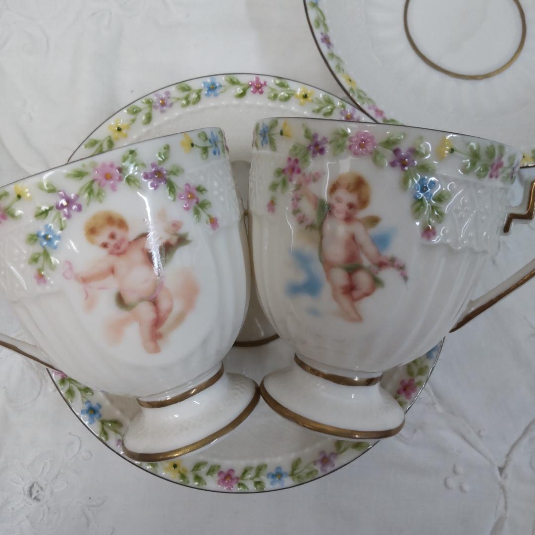 カップ&ソーサー　2客セット　エンゼル　天使　マイセン風　パステル