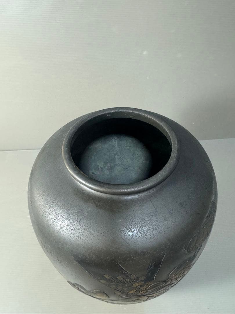 2643 高岡銅器 銅花瓶 希少 金銀象嵌 鳥花文図
