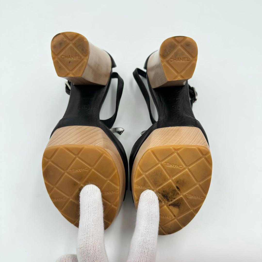CHANEL サンダル　ココマーク　ブラック　レザー　ウッド　サイズ34 1/2